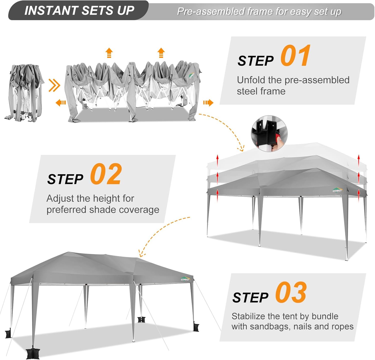 COBIZI - Toldo desplegable de 10 x 20 Pulgadas con 6 Paredes Laterales, toldo Impermeable para Eventos al Aire última intervensión, UPF 50+ cenador portátil para Fiestas, Playa, Camping, Boda,
