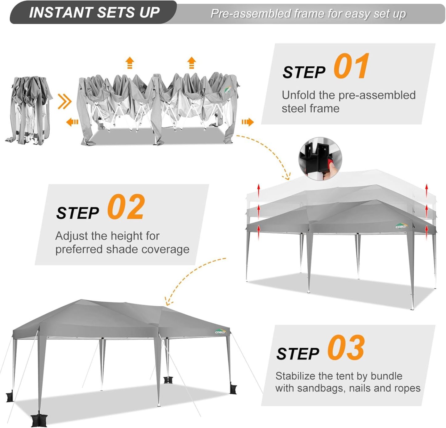 COBIZI - Toldo desplegable de 10 x 20 Pulgadas con 6 Paredes Laterales, toldo Impermeable para Eventos al Aire última intervensión, UPF 50+ cenador portátil para Fiestas, Playa, Camping, Boda,