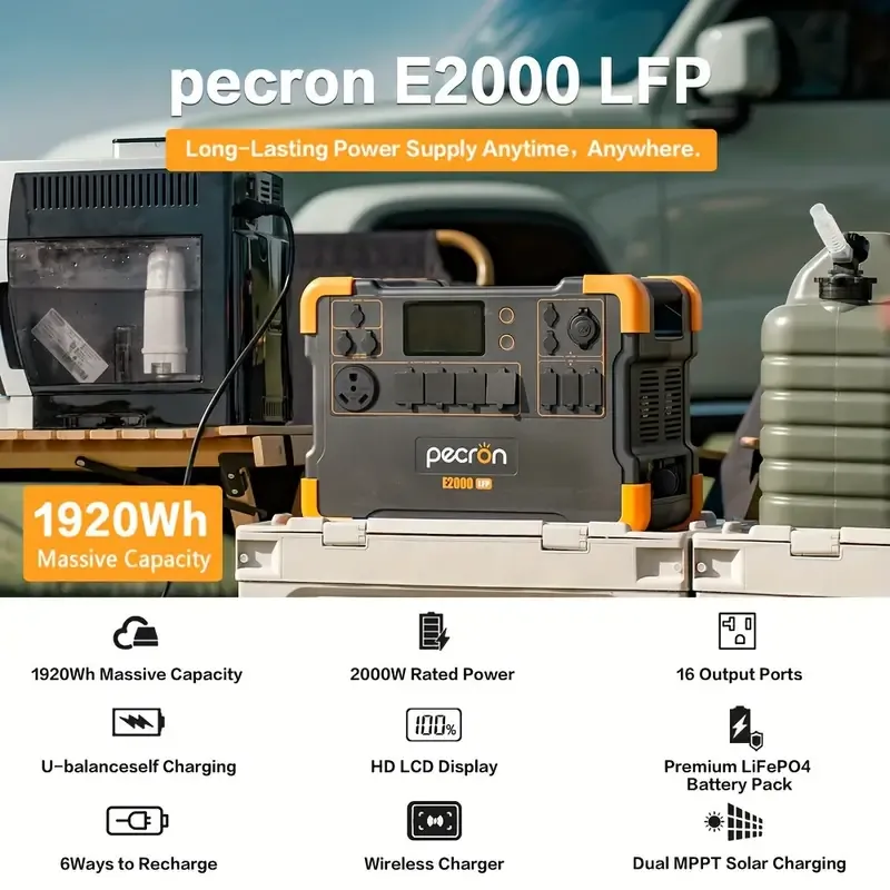 Estación de energía portátil PECRON E2000LFP 1920Wh/2000W con kit de carrito de panel solar de 400W, 16 puertos de salida/6 tomacorrientes de CA de 110V/2 salida de CC/PD 100W UBS-C Carga rápida Generador solar Batería