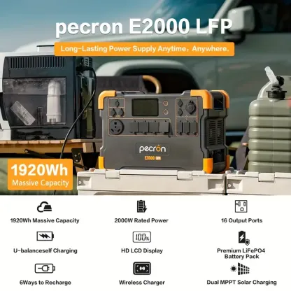Estación de energía portátil PECRON E2000LFP 1920Wh/2000W con kit de carrito de panel solar de 400W, 16 puertos de salida/6 tomacorrientes de CA de 110V/2 salida de CC/PD 100W UBS-C Carga rápida Generador solar Batería