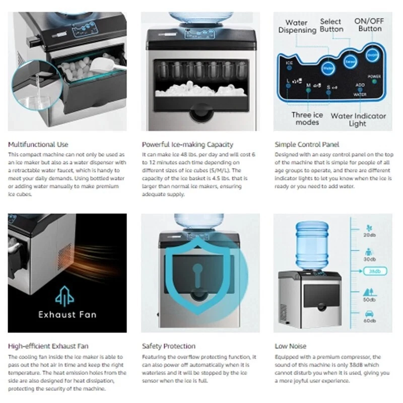 Máquina para hacer cubitos de hielo 2 en 1 para encimera, 48 libras/día con máquina combinada con dispensador de agua