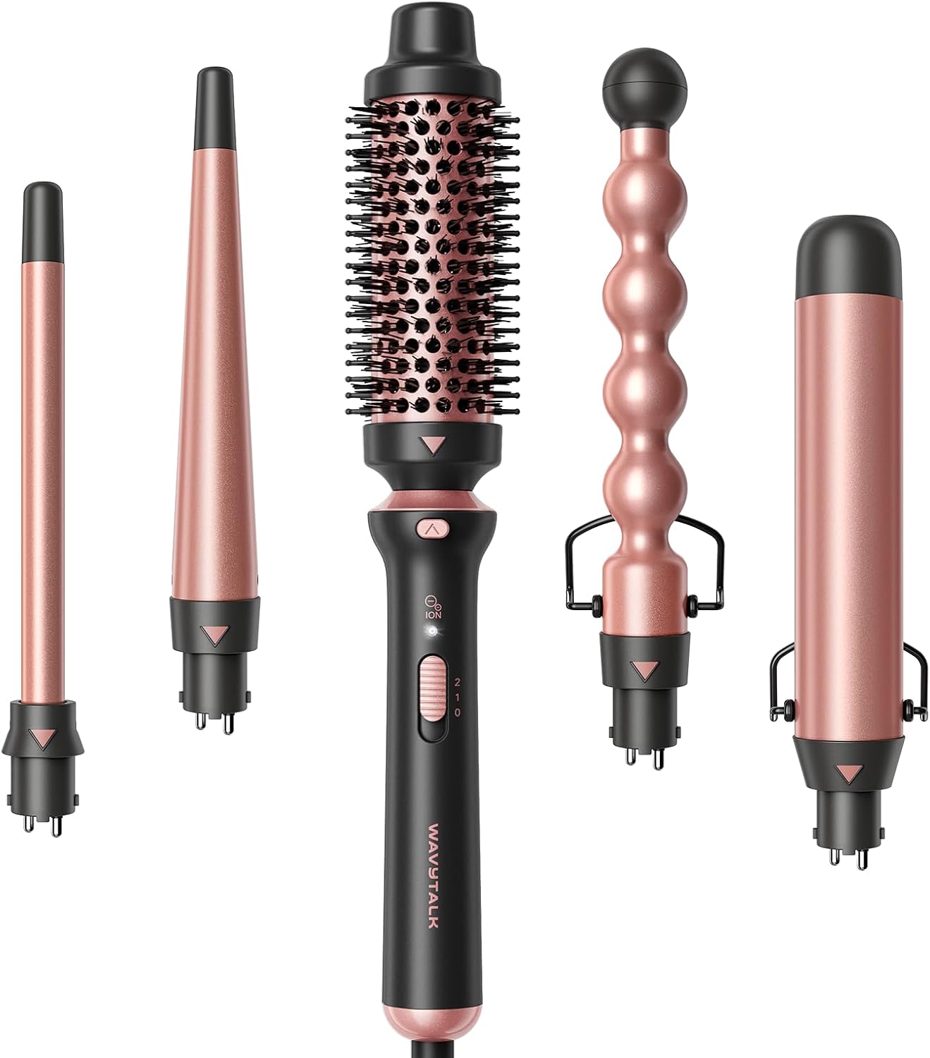 5 en 1 Ceramic Curling Wand, Rizador de Pelo de calentamiento rápido de 1/2 a 1 1/2 pulgadas y Cepillo Térmico, Rizadora para Cabello de Doble Voltaje, Oro Rosa