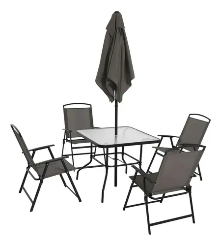 Mesa/sillas De Jardin, Vidrio Templado Con Sombrilla, Beige