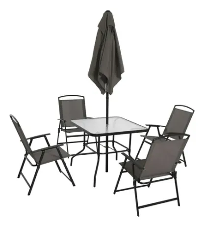 Mesa/sillas De Jardin, Vidrio Templado Con Sombrilla, Beige