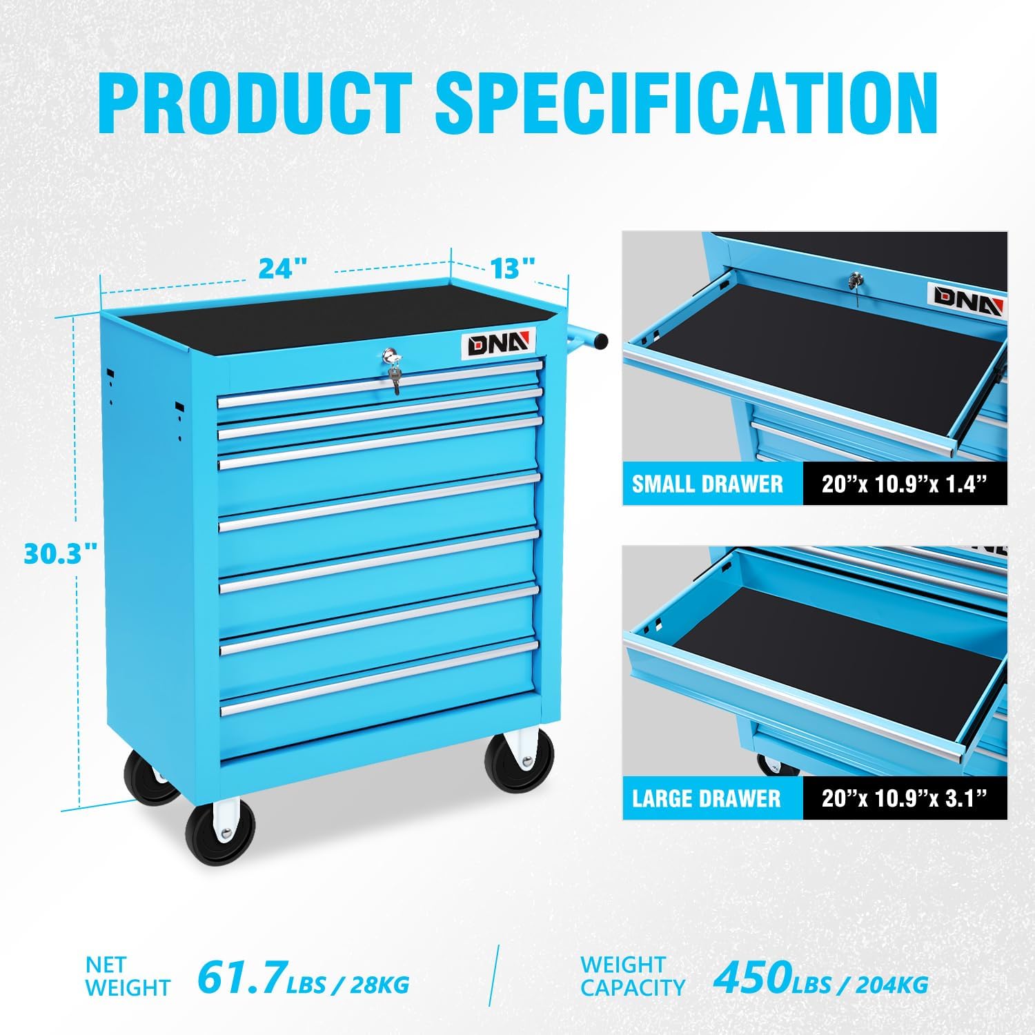DNA MOTORING - Gabinete de Herramientas con Ruedas de plástico con Sistema de Bloqueo con Llave, Azul, TOOLS-00486