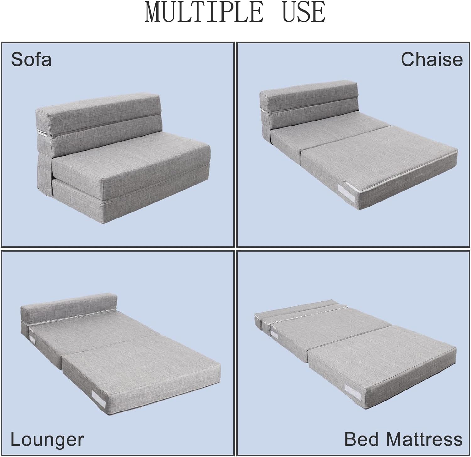 Silla reclinable Anoner, sofá cama plegable de 152 cm, diván con 2 cojines, funda lavable de espuma viscoelástica tamaño queen, color gris claro