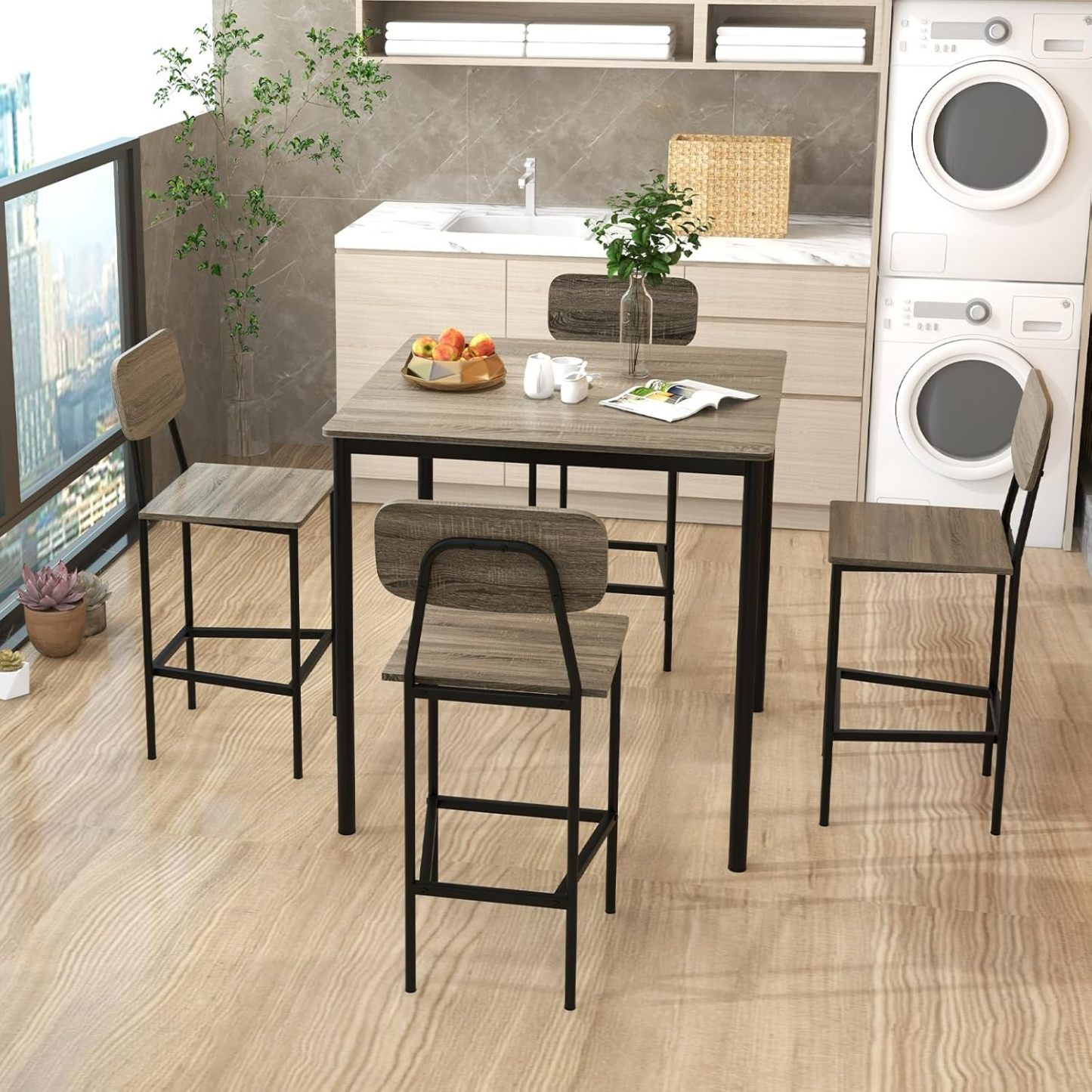 Juego de mesa de comedor de 5 piezas con mesa de altura y 4 taburetes de bar, juego de comedor industrial de cocina con reposapiés y respaldo, juego de comedor que ahorra espacio para pub,