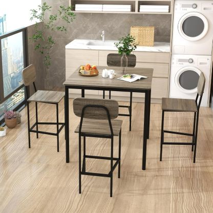 Juego de mesa de comedor de 5 piezas con mesa de altura y 4 taburetes de bar, juego de comedor industrial de cocina con reposapiés y respaldo, juego de comedor que ahorra espacio para pub,