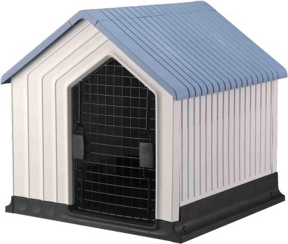 KE WOOW Casa para Perros Medianos y Chicos Premium, Térmica, con Puerta Metálica, Repelente al Clima, Base Elevada, Armable, Color Azul, Incluye Colchón y Juguete de Regalo, 62 x 62 x 60 cm