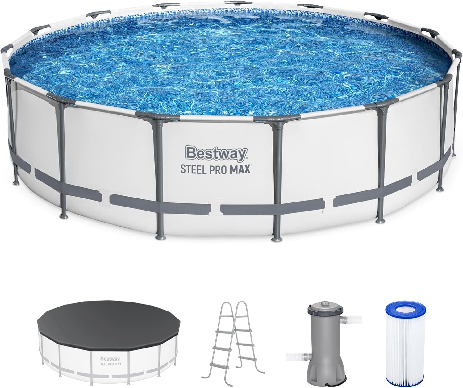 Bestway Steel Pro MAX - Juego de piscina redonda sobre el piso de 14 x 33 pulgadas, incluye bomba de filtro de 530 galones