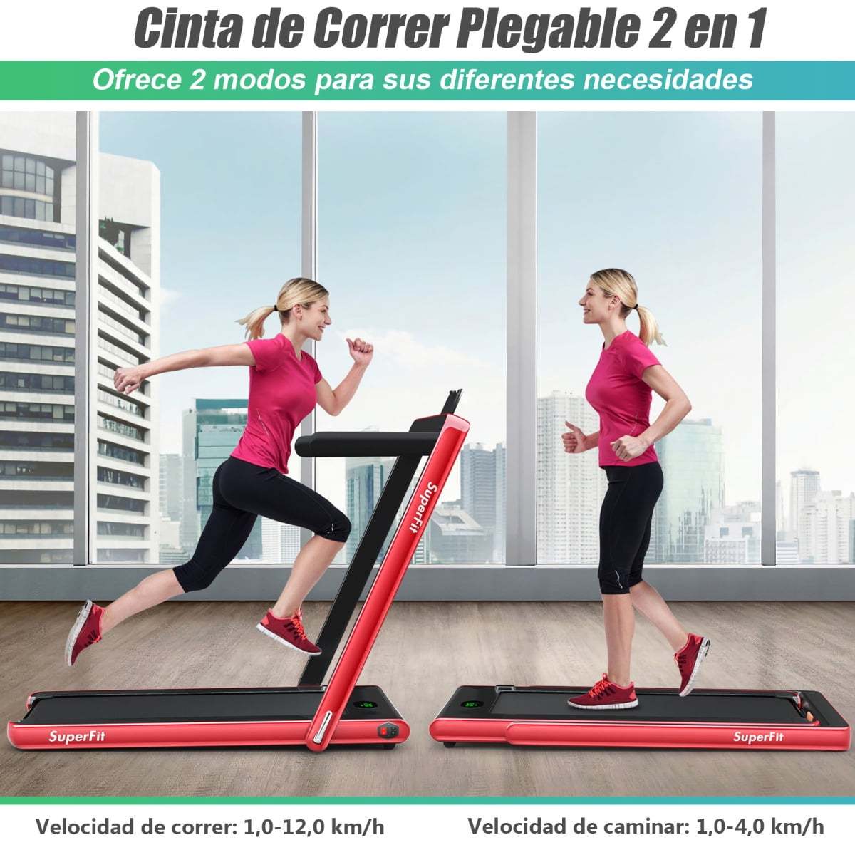 Costway Caminadora Plegable 2 en 1 Eléctrica Portátil 2,25 HP 12 Km/h con Altavoz Bluetooth Mando Pantalla LED App Control para Casa Rojo Costway Modern