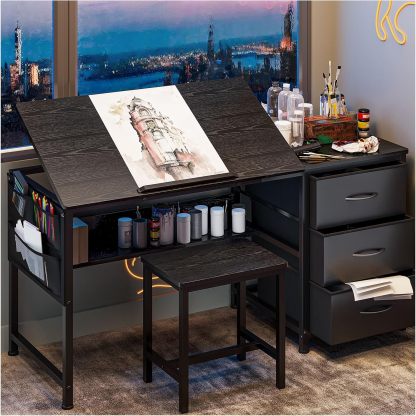 Mesa de Dibujo,Restirador Arquitectura Multifuncional Inclinación Ajustable,Restirador con 3 Cajones (Tela) y Viene con Taburete,Restiradors para Dibujo Adecuado para Pintar