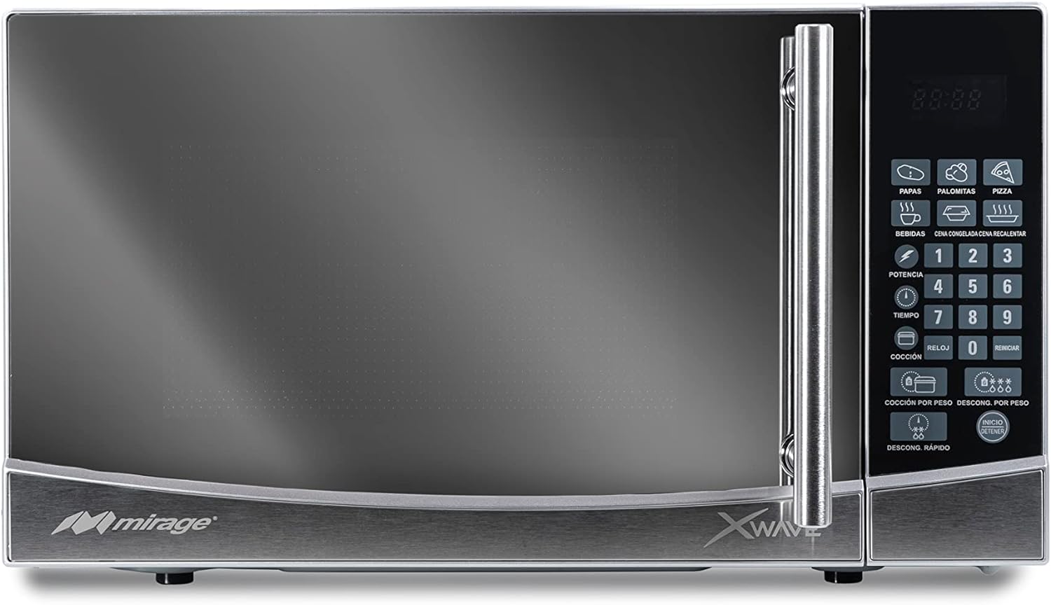 Microondas Xwave Mirage, 0.7 pies, 9 programas predeterminados, acabado tipo espejo, descongelamiento y coccion por pero, plata, modelo MWD020E-PLATA