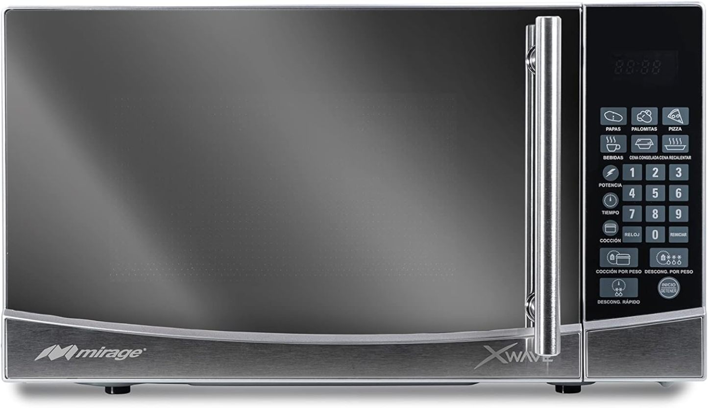 Microondas Xwave Mirage, 0.7 pies, 9 programas predeterminados, acabado tipo espejo, descongelamiento y coccion por pero, plata, modelo MWD020E-PLATA