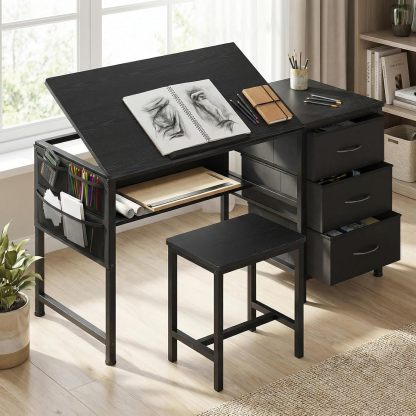 Mesa de Dibujo,Restirador Arquitectura Multifuncional Inclinación Ajustable,Restirador con 3 Cajones (Tela) y Viene con Taburete,Restiradors para Dibujo Adecuado para Pintar