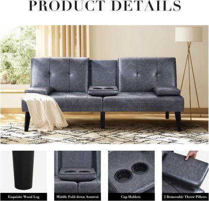 COLAMY - Sofá Cama de futón pequeño, de Piel, futón, sofá de salón, futón Convertible con Soporte para Tazas, reposabrazos extraíble, Respaldo Ajustable, Gris Oscuro