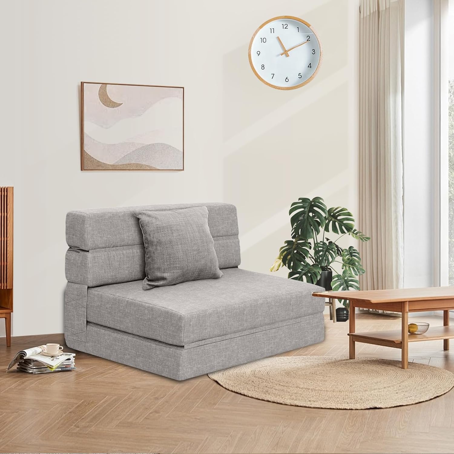 Silla reclinable Anoner, sofá cama plegable de 152 cm, diván con 2 cojines, funda lavable de espuma viscoelástica tamaño queen, color gris claro