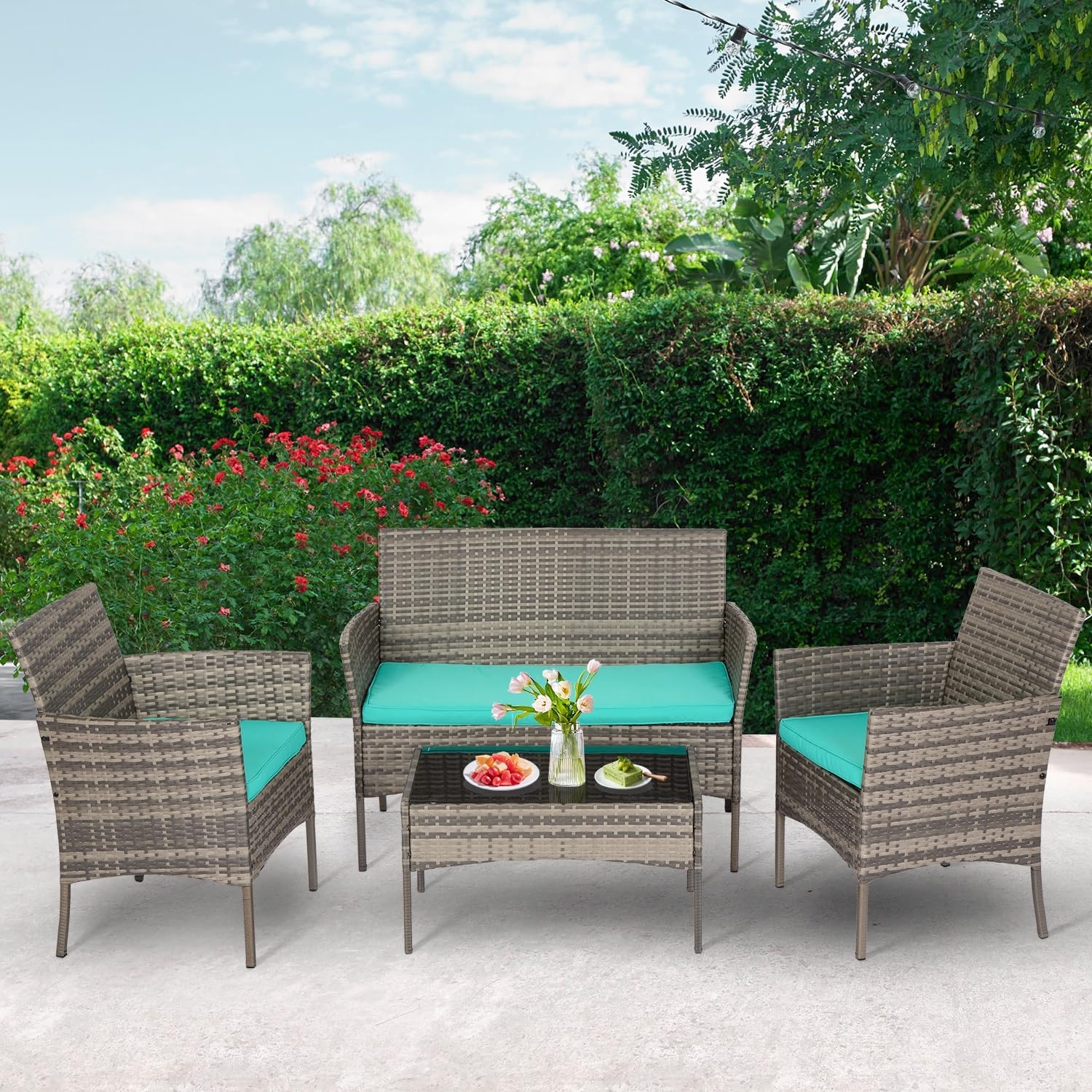 FDW - Juego de 4 muebles para exteriores, juego de conversación de mimbre con silla de ratán, mesa de centro para exteriores, interiores, jardín, patio, porche, terraza, balcón, cojines de mimbre