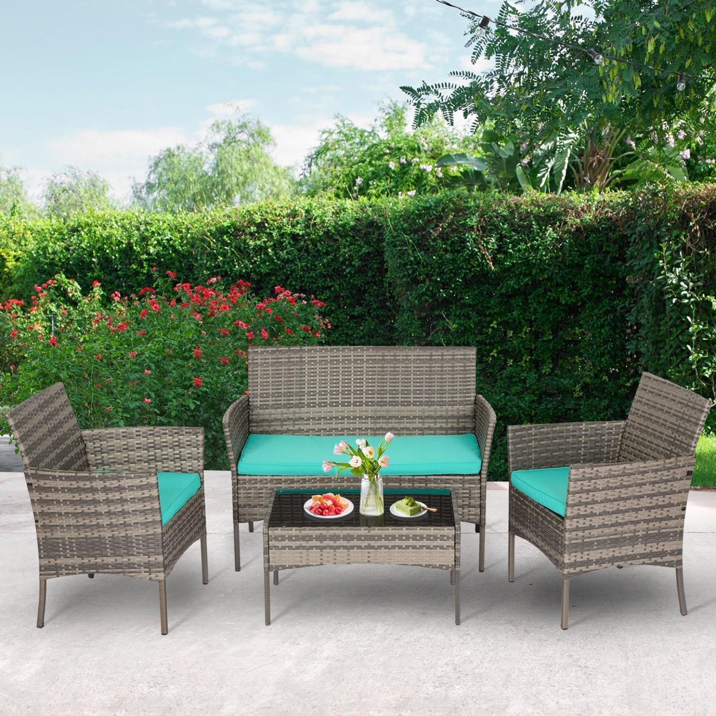 FDW - Juego de 4 muebles para exteriores, juego de conversación de mimbre con silla de ratán, mesa de centro para exteriores, interiores, jardín, patio, porche, terraza, balcón, cojines de mimbre