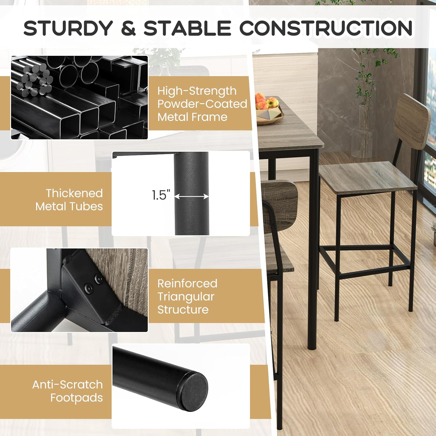 Juego de mesa de comedor de 5 piezas con mesa de altura y 4 taburetes de bar, juego de comedor industrial de cocina con reposapiés y respaldo, juego de comedor que ahorra espacio para pub,