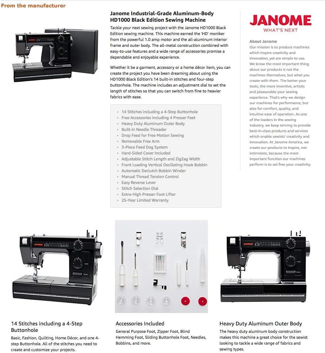 janome Máquina de Coser con Cuerpo de Aluminio Industrial HD1000 edición Negra con 14 Puntadas, Ojal de 4 Pasos, enhebrador de Agujas automático y alimentación descendiente