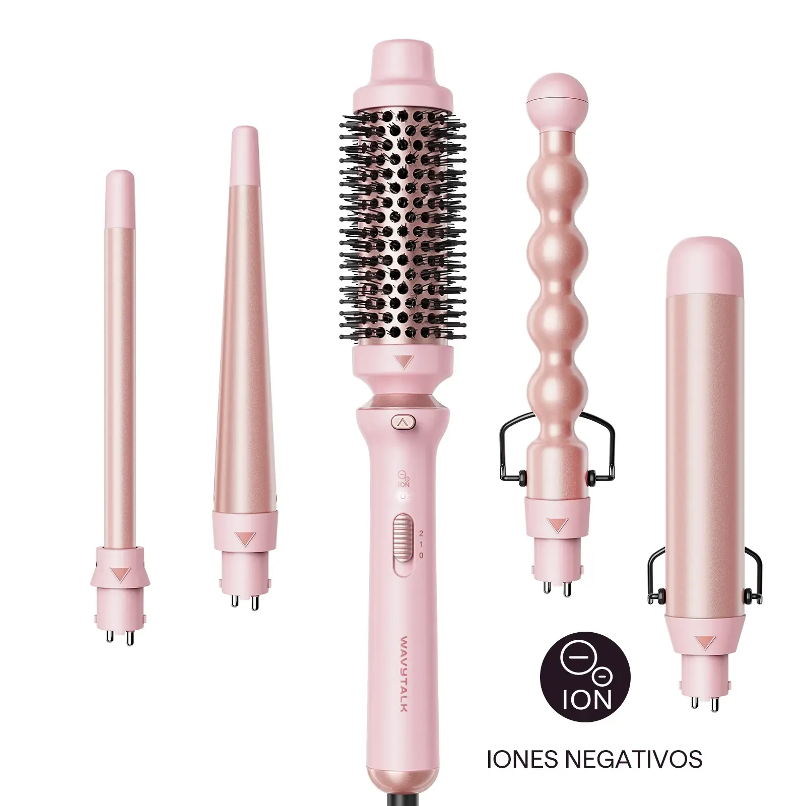 5 en 1 Ceramic Curling Wand, Rizador de Pelo de calentamiento rápido de 1/2 a 1 1/2 pulgadas y Cepillo Térmico, Rizadora para Cabello de Doble Voltaje, Oro Rosa