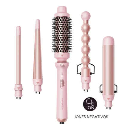 5 en 1 Ceramic Curling Wand, Rizador de Pelo de calentamiento rápido de 1/2 a 1 1/2 pulgadas y Cepillo Térmico, Rizadora para Cabello de Doble Voltaje, Oro Rosa