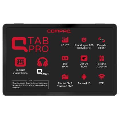 Tableta Compaq Qtab 8G RAM 256GB ROM con Pen Stylus + Teclado Pogo PIN y headphone BT