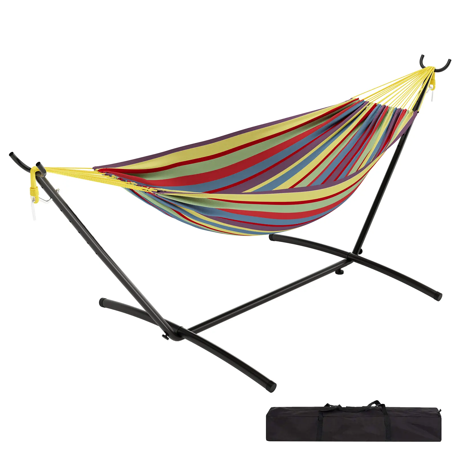 Hamaca portátil para 2 personas con base de acero resistente, capacidad de 450 lbs, estructura compacta con bolsa de transporte, ideal para interior, exterior, patio, jardín y terraza.