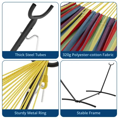 Hamaca portátil para 2 personas con base de acero resistente, capacidad de 450 lbs, estructura compacta con bolsa de transporte, ideal para interior, exterior, patio, jardín y terraza.
