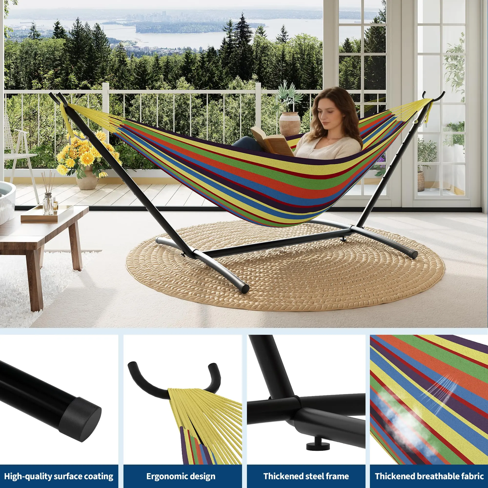 Hamaca portátil para 2 personas con base de acero resistente, capacidad de 450 lbs, estructura compacta con bolsa de transporte, ideal para interior, exterior, patio, jardín y terraza.