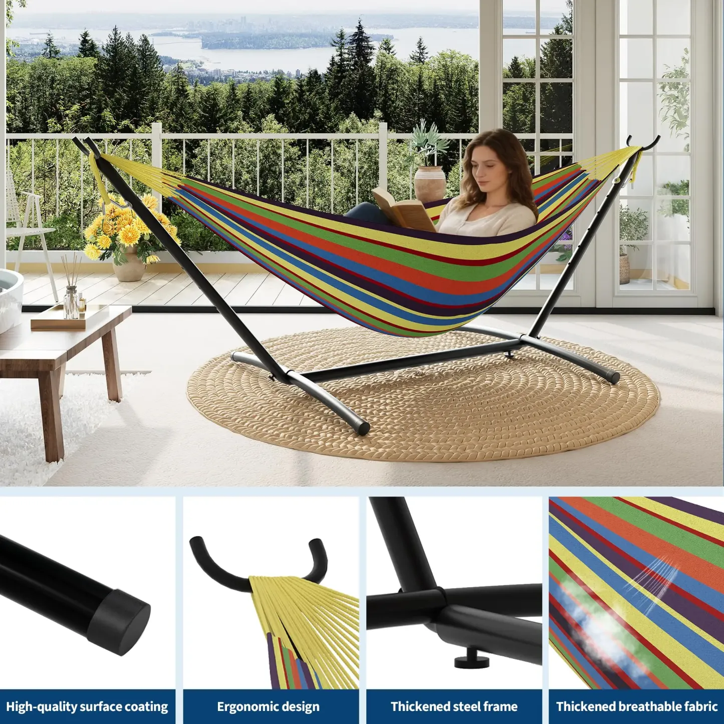 Hamaca portátil para 2 personas con base de acero resistente, capacidad de 450 lbs, estructura compacta con bolsa de transporte, ideal para interior, exterior, patio, jardín y terraza.
