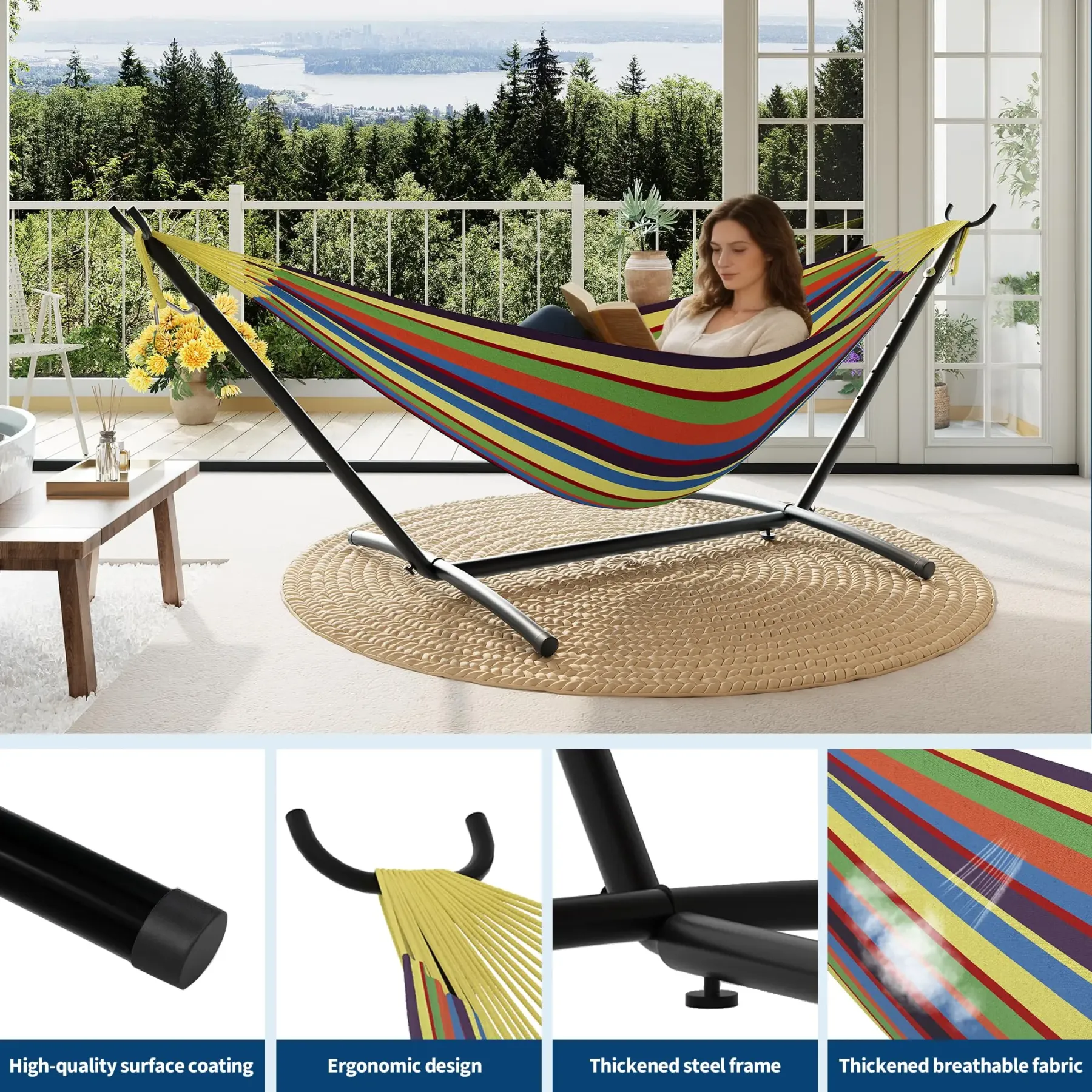 Hamaca portátil para 2 personas con base de acero resistente, capacidad de 450 lbs, estructura compacta con bolsa de transporte, ideal para interior, exterior, patio, jardín y terraza.
