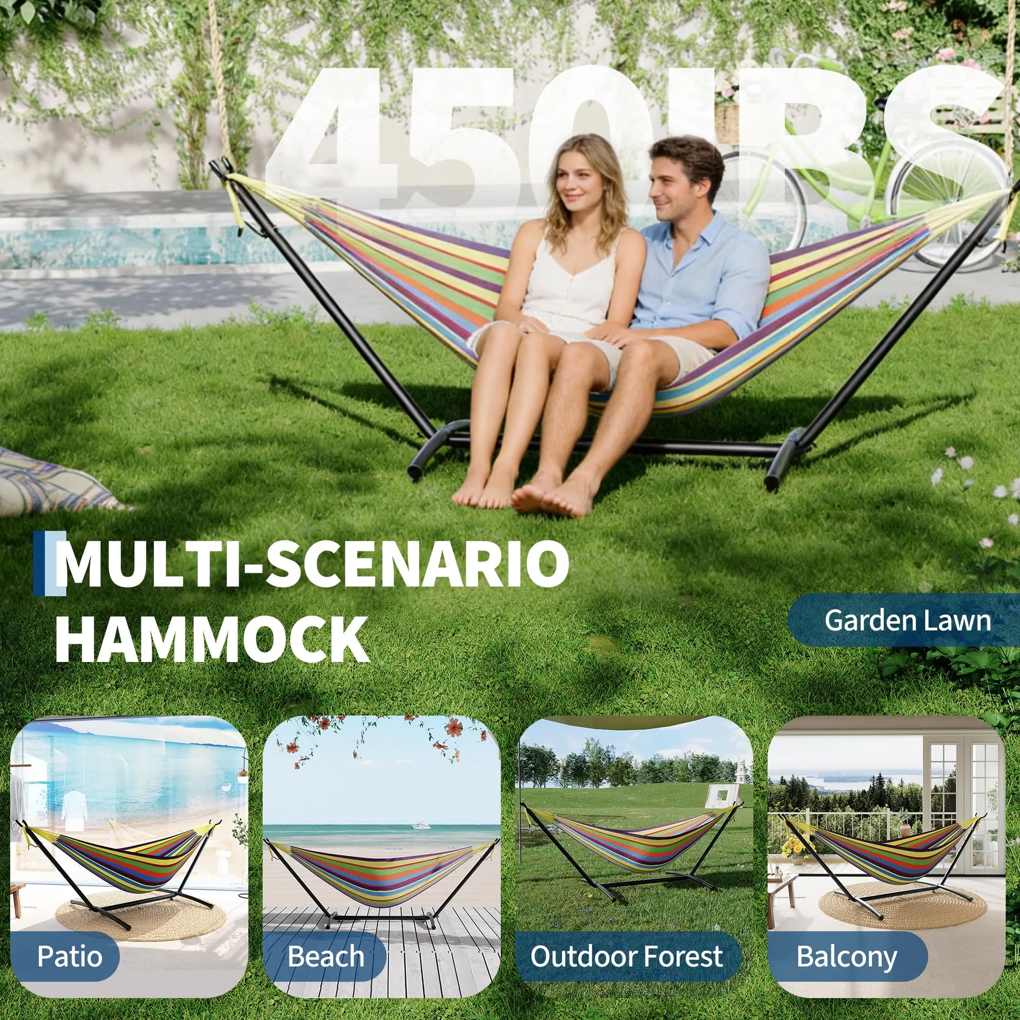 Hamaca portátil para 2 personas con base de acero resistente, capacidad de 450 lbs, estructura compacta con bolsa de transporte, ideal para interior, exterior, patio, jardín y terraza.