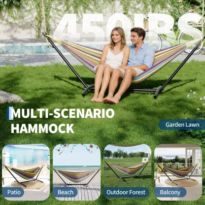 Hamaca portátil para 2 personas con base de acero resistente, capacidad de 450 lbs, estructura compacta con bolsa de transporte, ideal para interior, exterior, patio, jardín y terraza.
