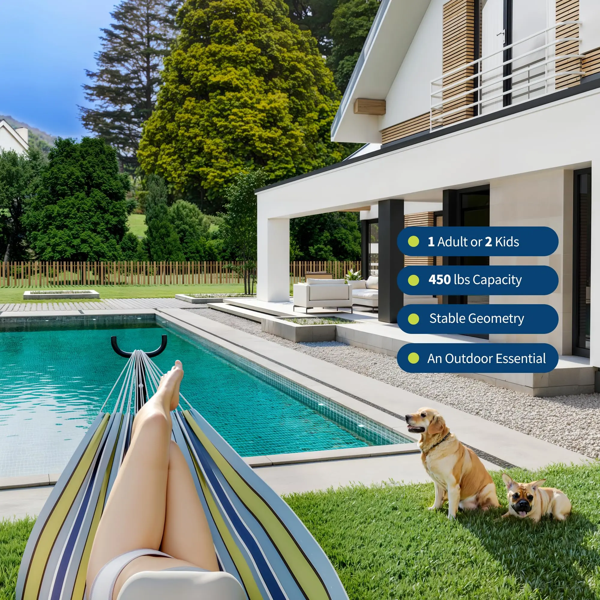 Hamaca portátil para 2 personas con base de acero resistente, capacidad de 450 lbs, estructura compacta con bolsa de transporte, ideal para interior, exterior, patio, jardín y terraza.
