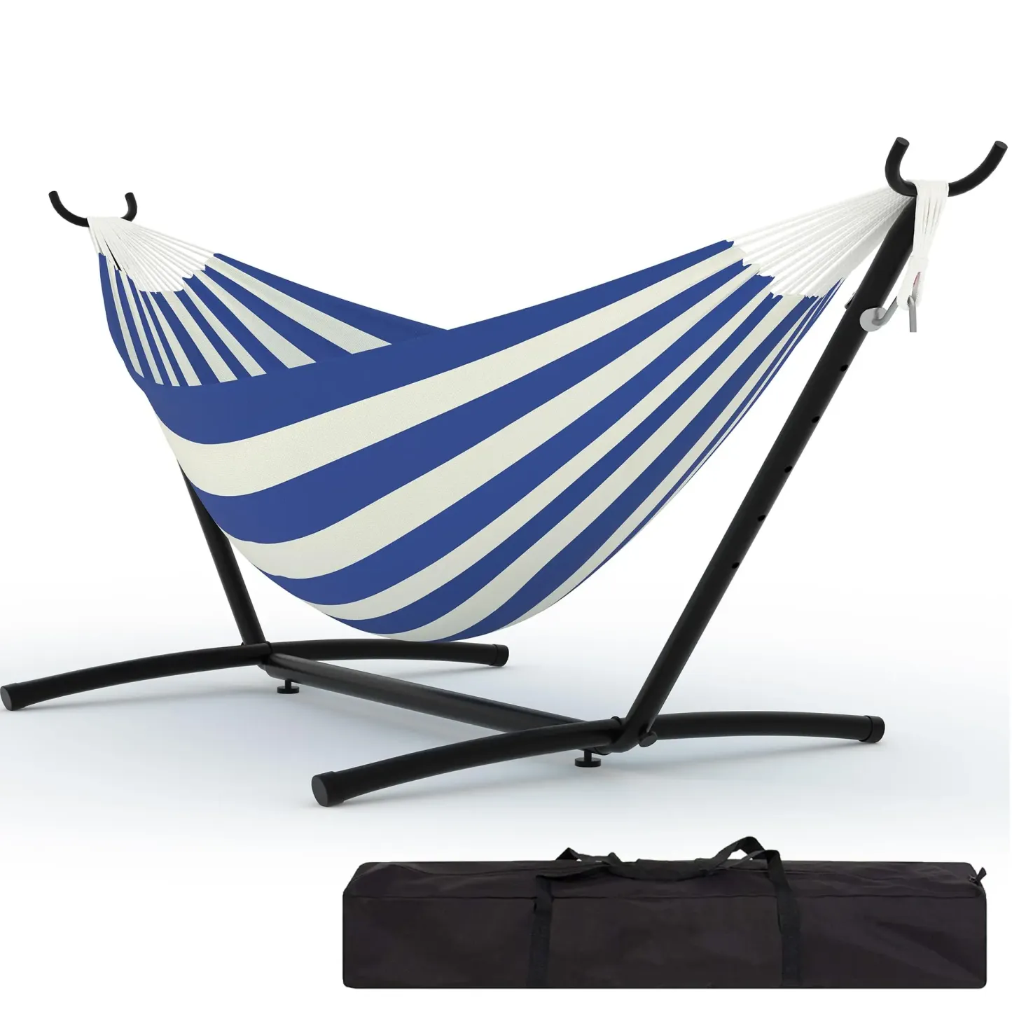 Hamaca portátil para 2 personas con base de acero resistente, capacidad de 450 lbs, estructura compacta con bolsa de transporte, ideal para interior, exterior, patio, jardín y terraza.