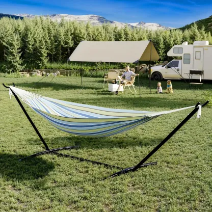 Hamaca portátil para 2 personas con base de acero resistente, capacidad de 450 lbs, estructura compacta con bolsa de transporte, ideal para interior, exterior, patio, jardín y terraza.