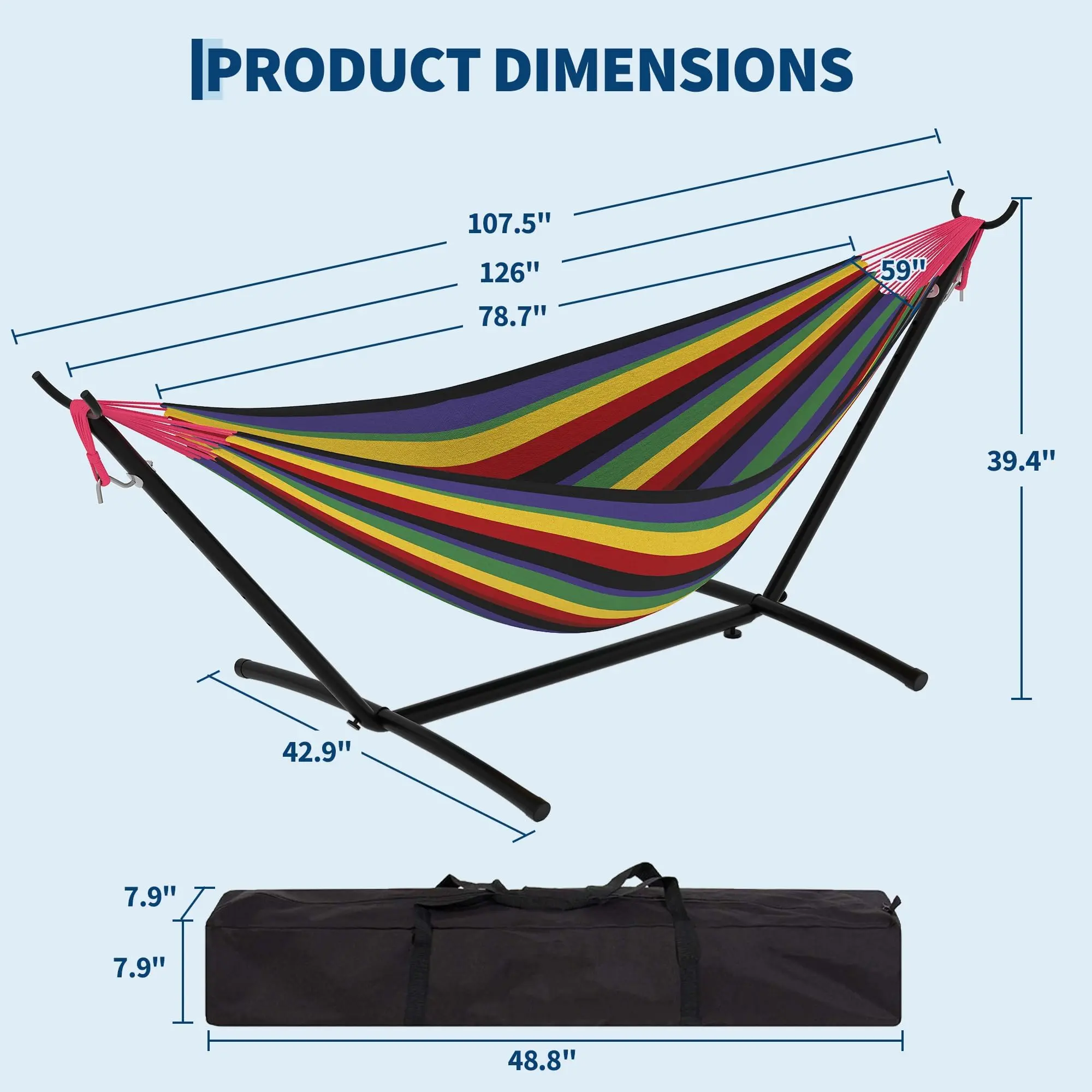 Hamaca portátil para 2 personas con base de acero resistente, capacidad de 450 lbs, estructura compacta con bolsa de transporte, ideal para interior, exterior, patio, jardín y terraza.