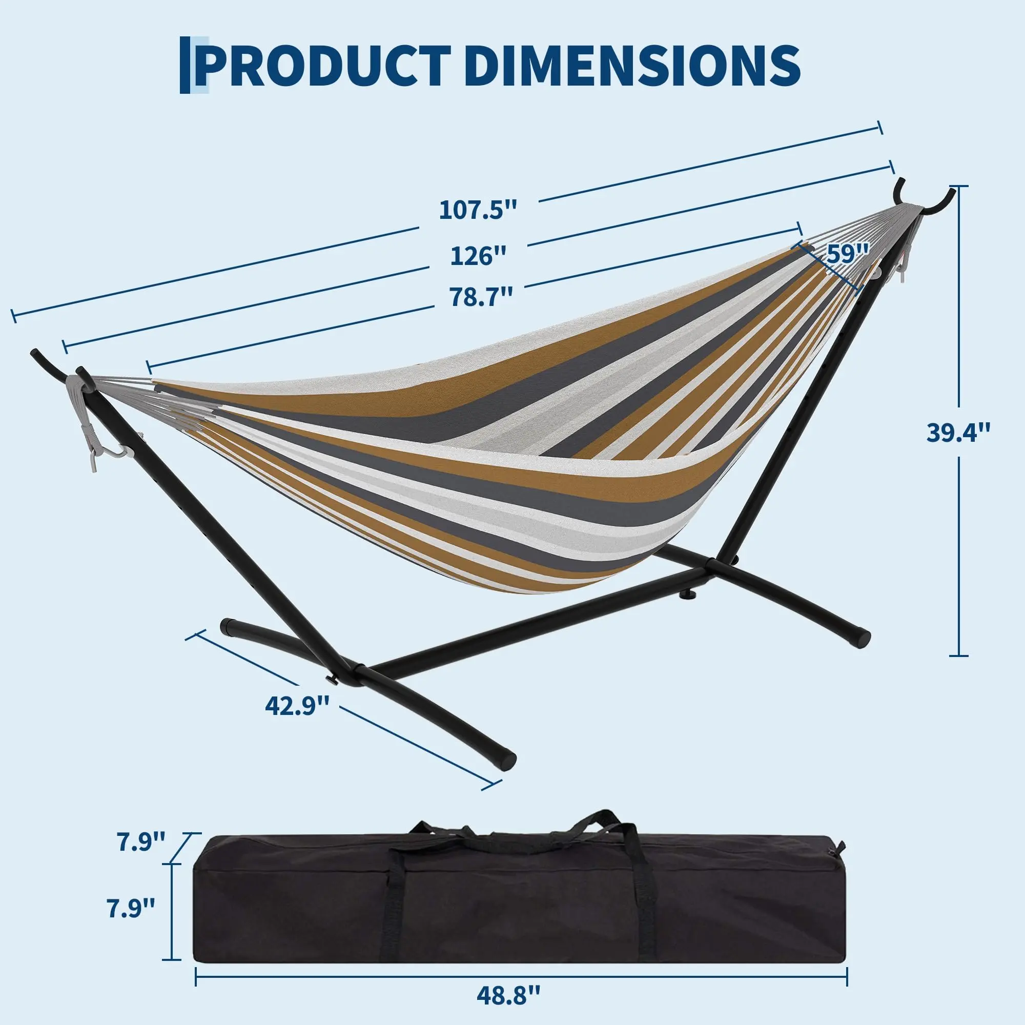 Hamaca portátil para 2 personas con base de acero resistente, capacidad de 450 lbs, estructura compacta con bolsa de transporte, ideal para interior, exterior, patio, jardín y terraza.