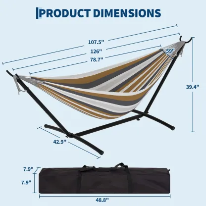 Hamaca portátil para 2 personas con base de acero resistente, capacidad de 450 lbs, estructura compacta con bolsa de transporte, ideal para interior, exterior, patio, jardín y terraza.
