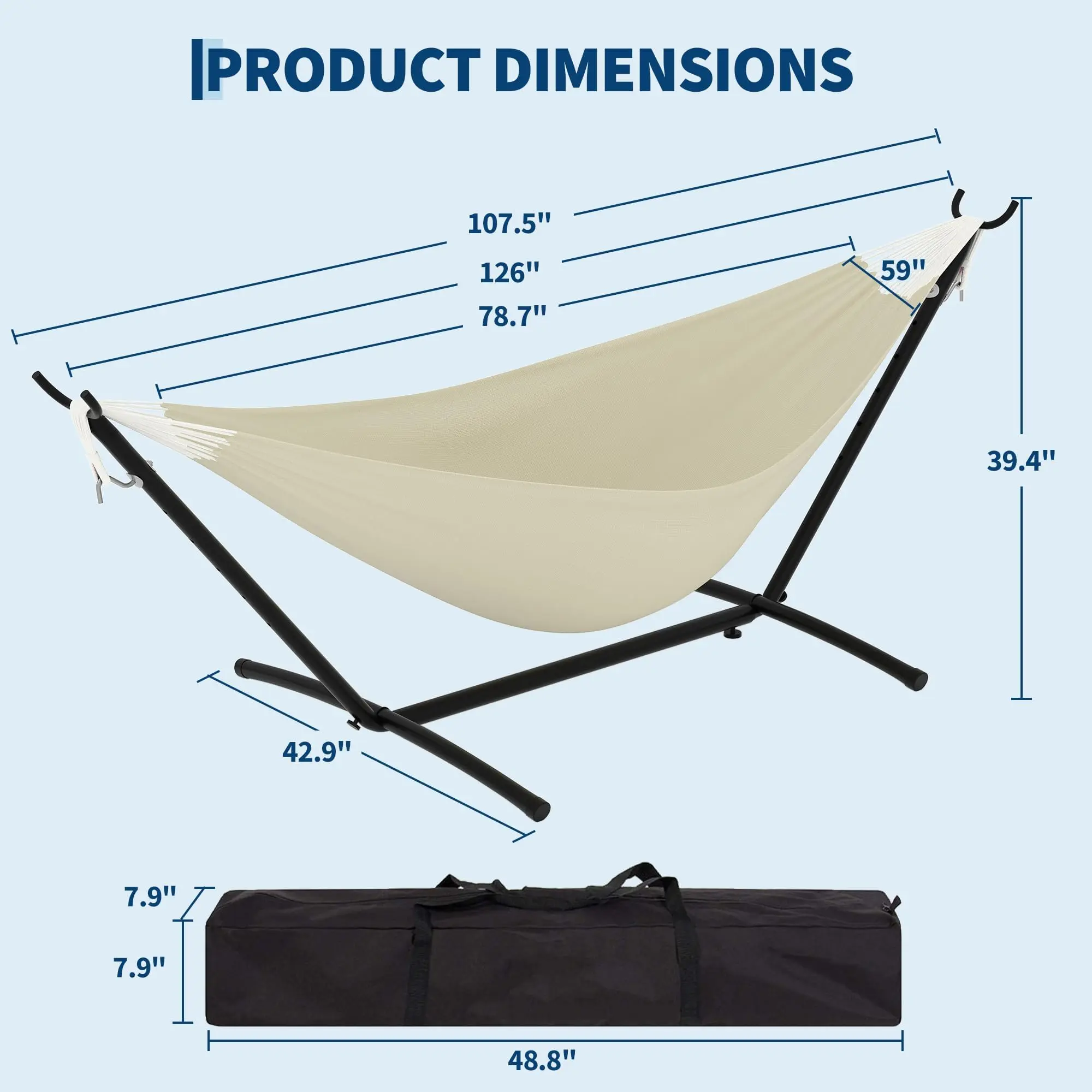 Hamaca portátil para 2 personas con base de acero resistente, capacidad de 450 lbs, estructura compacta con bolsa de transporte, ideal para interior, exterior, patio, jardín y terraza.
