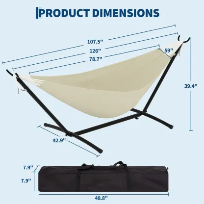 Hamaca portátil para 2 personas con base de acero resistente, capacidad de 450 lbs, estructura compacta con bolsa de transporte, ideal para interior, exterior, patio, jardín y terraza.
