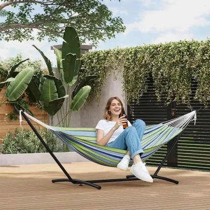 Hamaca portátil para 2 personas con base de acero resistente, capacidad de 450 lbs, estructura compacta con bolsa de transporte, ideal para interior, exterior, patio, jardín y terraza.