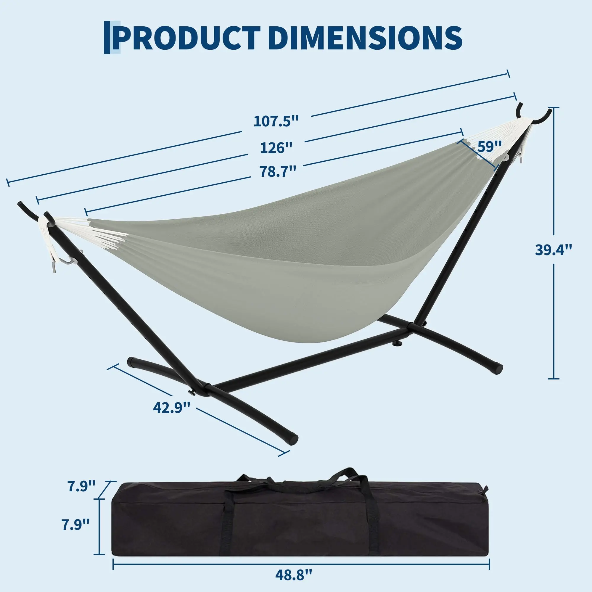 Hamaca portátil para 2 personas con base de acero resistente, capacidad de 450 lbs, estructura compacta con bolsa de transporte, ideal para interior, exterior, patio, jardín y terraza.