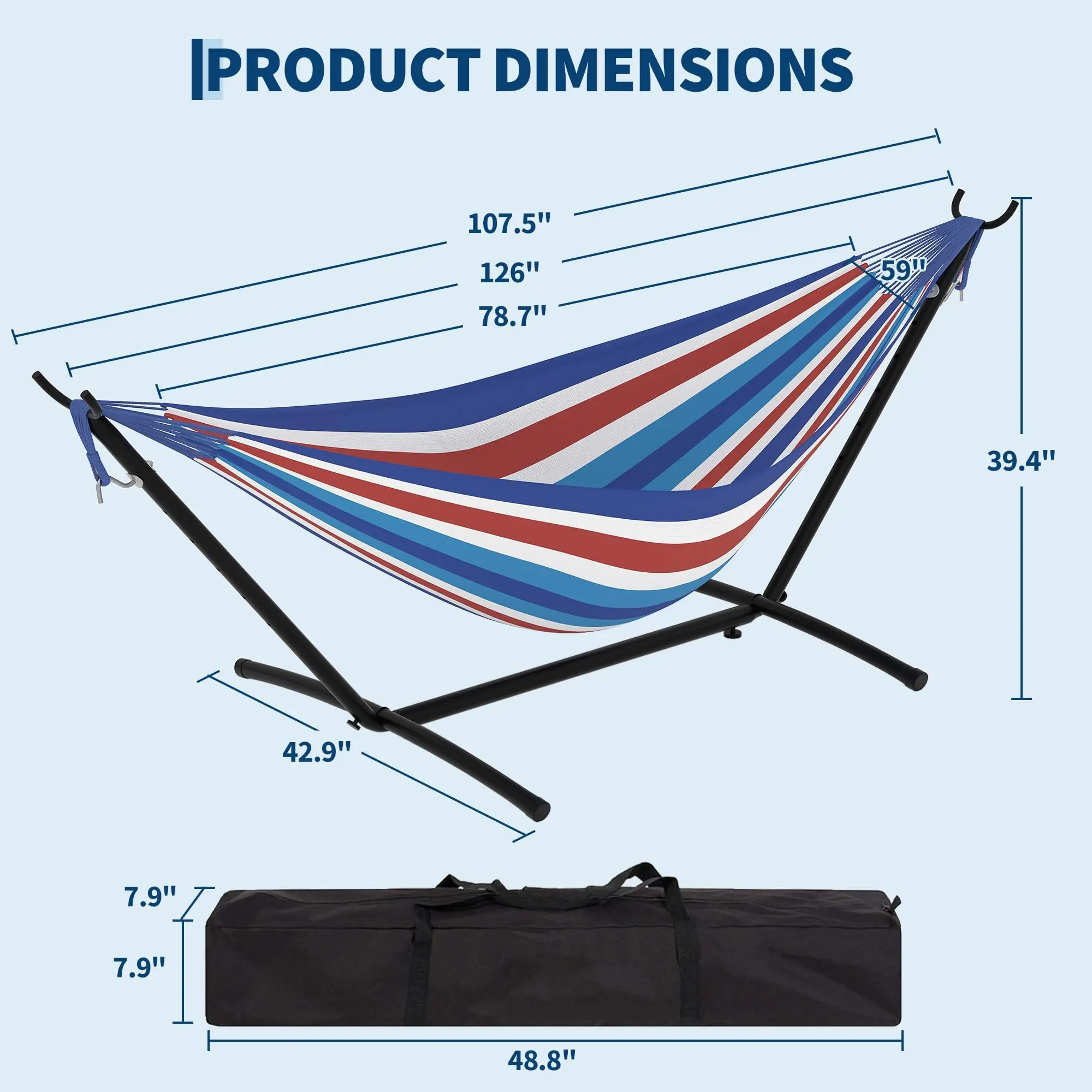 Hamaca portátil para 2 personas con base de acero resistente, capacidad de 450 lbs, estructura compacta con bolsa de transporte, ideal para interior, exterior, patio, jardín y terraza.