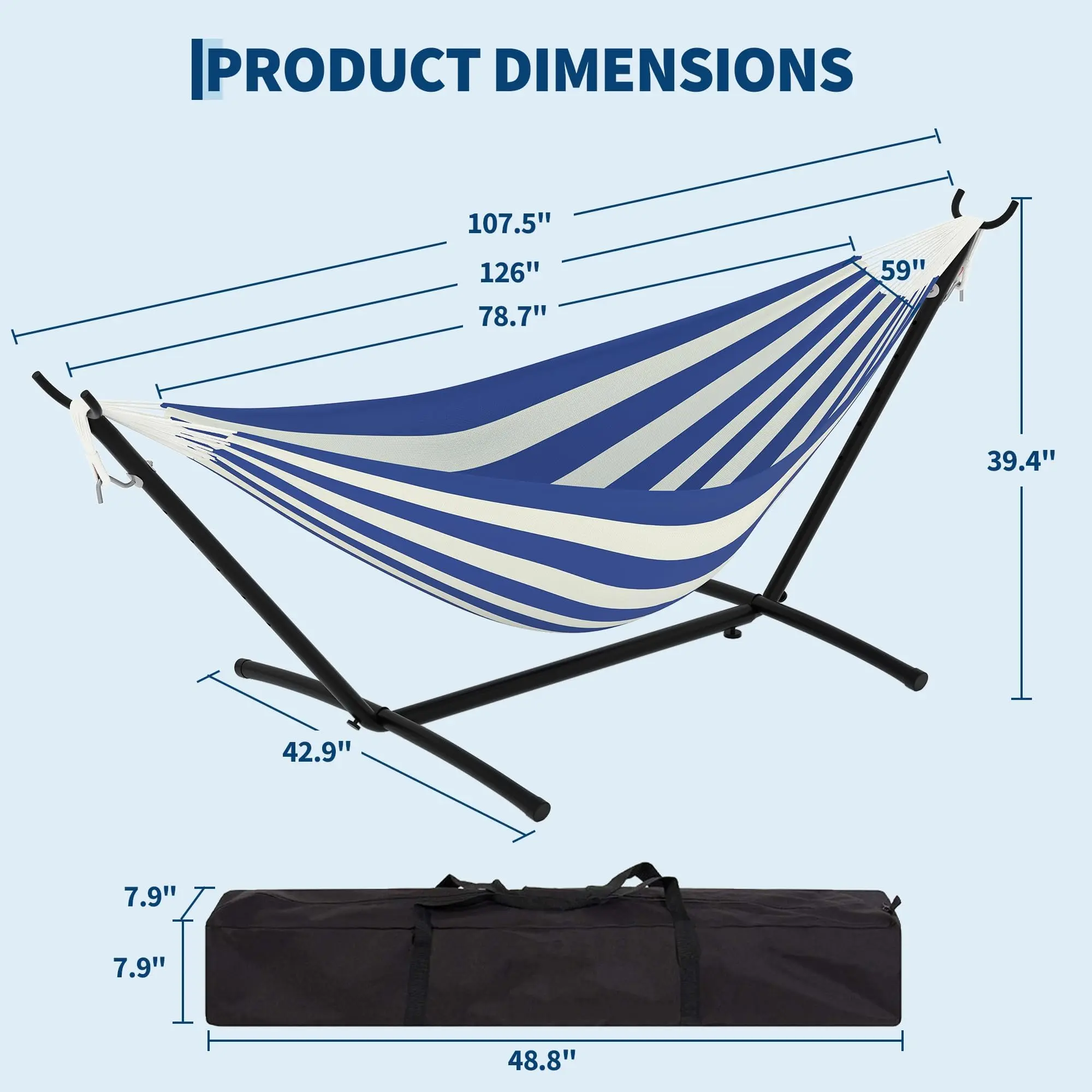 Hamaca portátil para 2 personas con base de acero resistente, capacidad de 450 lbs, estructura compacta con bolsa de transporte, ideal para interior, exterior, patio, jardín y terraza.