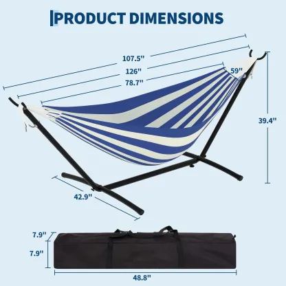 Hamaca portátil para 2 personas con base de acero resistente, capacidad de 450 lbs, estructura compacta con bolsa de transporte, ideal para interior, exterior, patio, jardín y terraza.