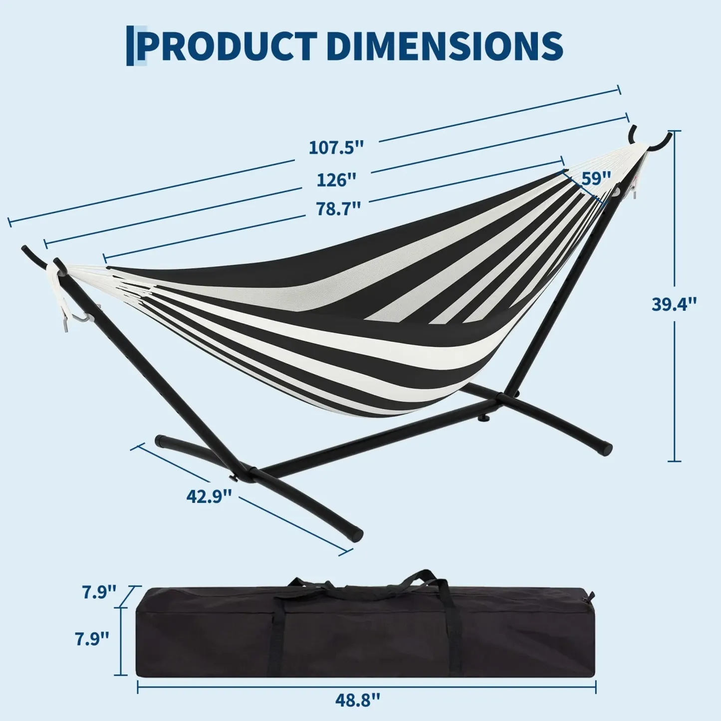Hamaca portátil para 2 personas con base de acero resistente, capacidad de 450 lbs, estructura compacta con bolsa de transporte, ideal para interior, exterior, patio, jardín y terraza.