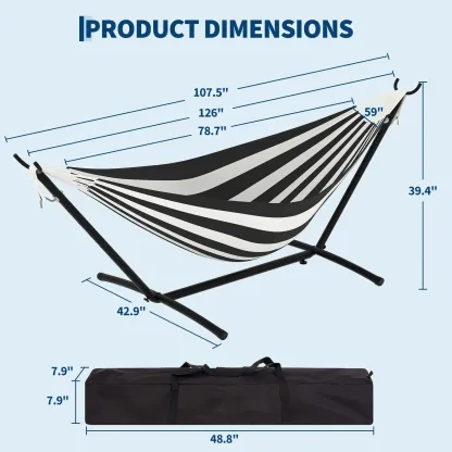 Hamaca portátil para 2 personas con base de acero resistente, capacidad de 450 lbs, estructura compacta con bolsa de transporte, ideal para interior, exterior, patio, jardín y terraza.